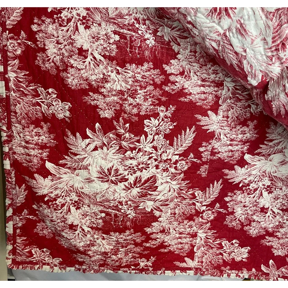 Vtg Pottery Barn Sorrel Red Cotton Quilt Toile Floral Queen 100
